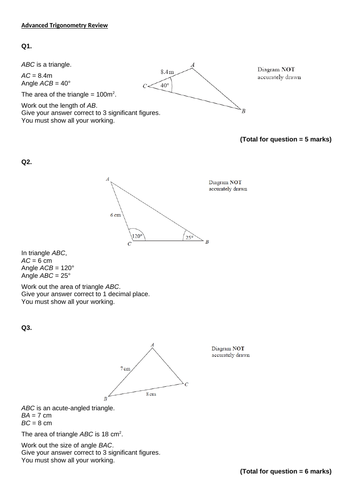 Advanced Trigonometry GCSE Exam Questions - Sine Rule, Cosine Rule, Area and Bearings