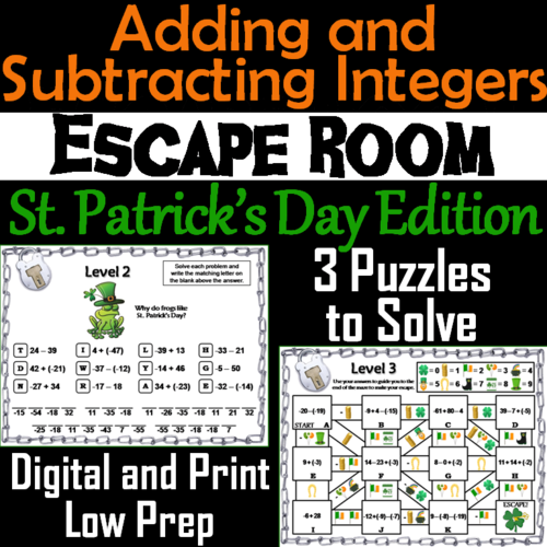 Adding and Subtracting Integers Game: Escape Room St Patrick's Day Math Activity