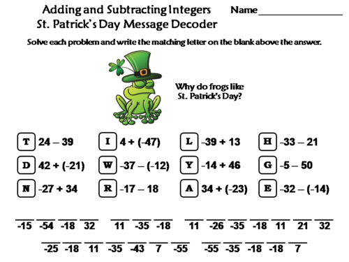 Adding and Subtracting Integers St. Patrick's Day Math Activity: Message Decoder