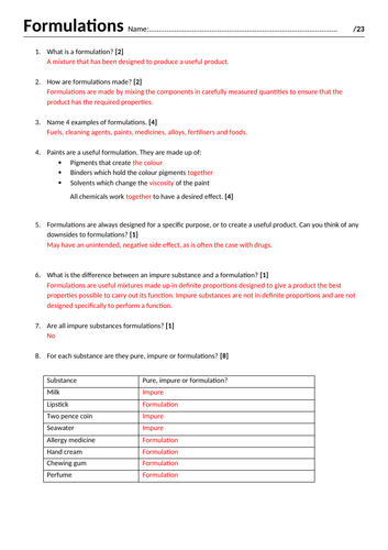 AQA GCSE Trilogy recall test and answers topic: Formulations