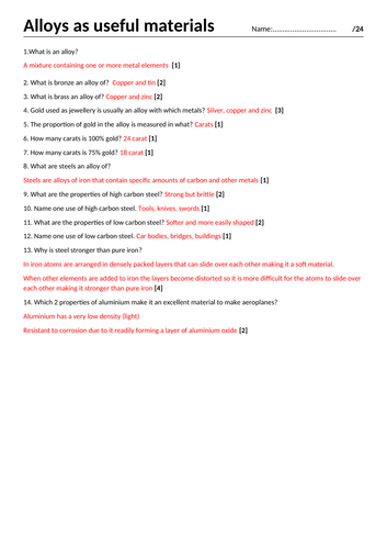 AQA GCSE Trilogy recall test and answers topic: Alloys as useful materials