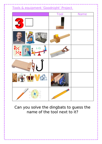 Design & Technology KS3 Resistant Materials - Tools & Equipment Dingbat worksheet