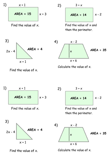 Forming and solving quadratic equations from shapes - factorising