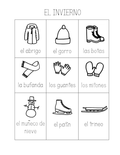 SPANISH WINTER VOCABULARY HANDOUT - Trace the words and color the pictures