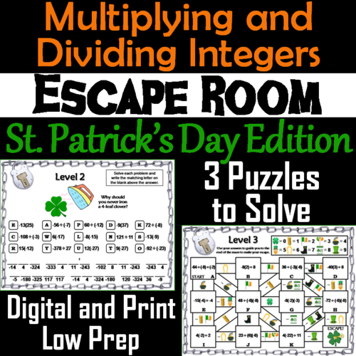 Multiplying and Dividing Integers Escape Room St. Patrick's Day Math Activity