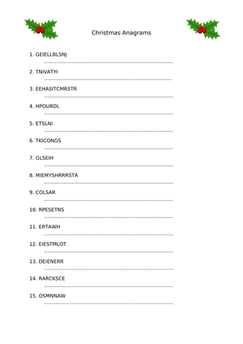 Christmas Anagrams Worksheet with Answers