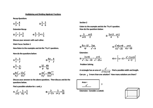 Multiplying and Dividing Algebraic Fractions - Mastery
