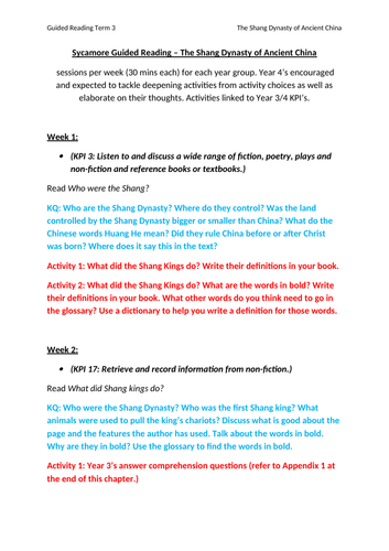 The Shang Dynasty of Ancient China - Year 3/4 Guided Reading Scheme of Work - *OFSTED - OUTSTANDING*