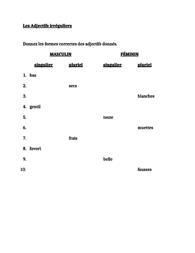 Adjectifs irréguliers (French Adjectives) Worksheet 2
