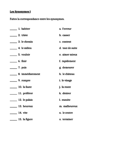 Synonymes en français French Worksheets
