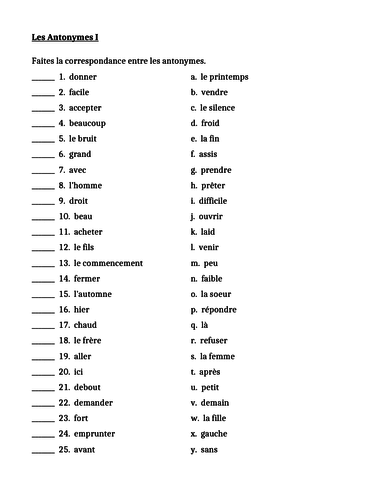 Antonymes en français French Worksheets