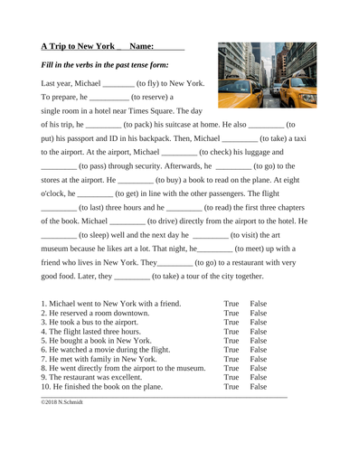 english past tense worksheet a trip to new york travel airport esl efl teaching resources