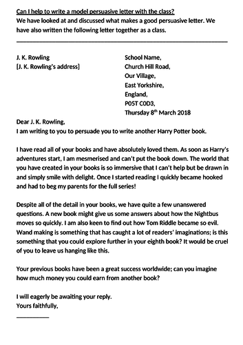 Y3 Y4 Y5 J.K.Rowling Persuasive Letter - Planning sheet, WAGOLL and assessment check lists