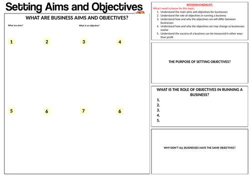 GCSE 9-1 Topic 3.1.3 -Setting Aims and Objectives: Worksheet/Revision Mat