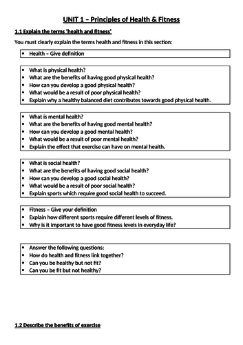 NCFE VCERT PE - Health and Fitness - Unit 1 guidelines