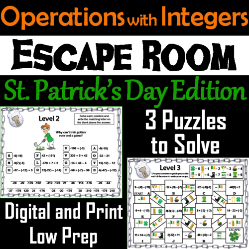 Operations with Integers Game: Escape Room St. Patrick's Day Math Activity