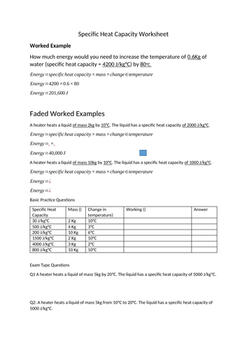 Specific Heat Capacity Low Ability Faded Worked Examples Worksheet