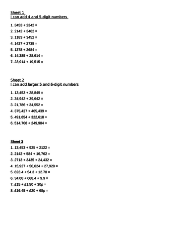 add numbers with more than 4-digits (formal written method)  - worksheets and challenges - Y5