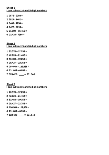 subtract numbers with more than 4-digits (written method) - worksheets and challenges - Y5