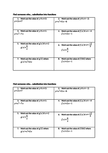 Find someone who... substitution into functions