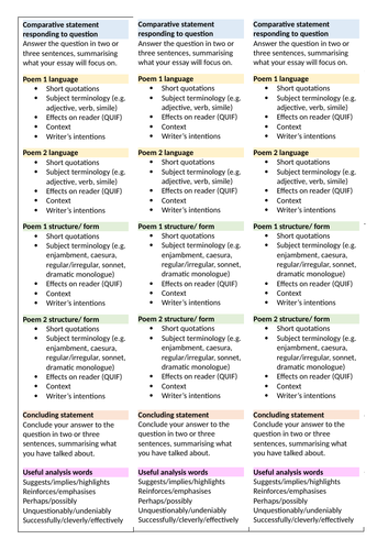 GCSE poetry comparison essay structure strips/ bookmark/ writing frame