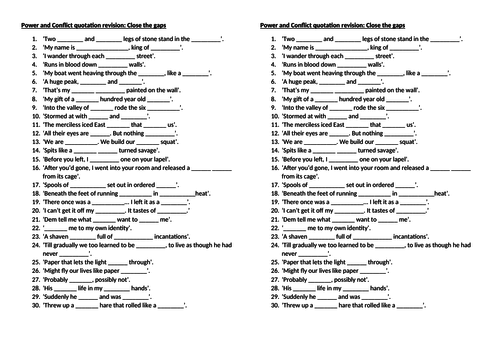 AQA GCSE English Literature Power and Conflict quotation cloze activity