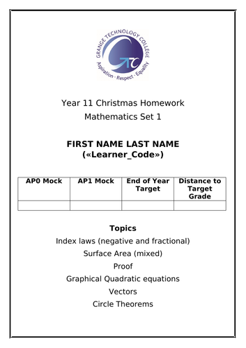 Year 11 Christmas Revision Homework