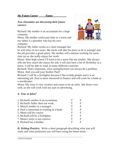 English Future Tense Reading: My Future Career (ELL/EFL/ESL)