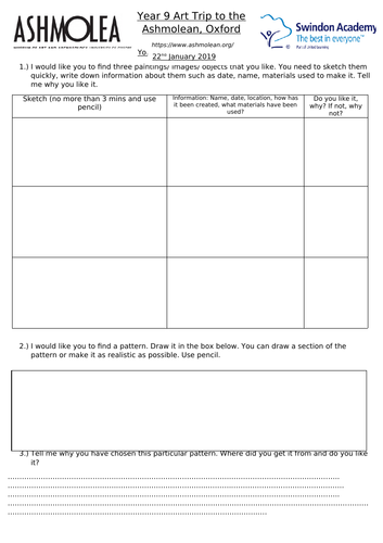 Art trip worksheet activities tasks