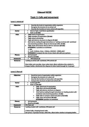 IGCSE Edexcel Biology (9-1) Topic 2: Cells and movement