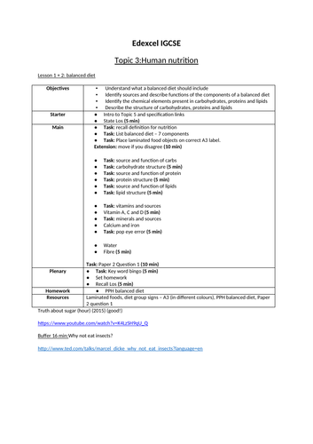 IGCSE Edexcel Biology (9-1) Topic 3: Human nutrition