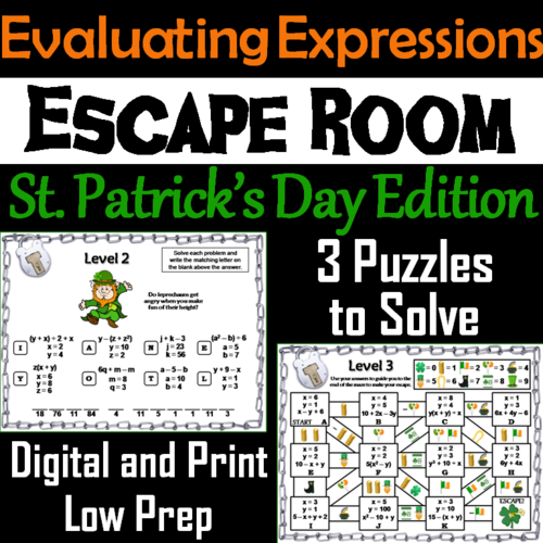 Evaluating Algebraic Expressions Game: Escape Room St Patricks Day Math Activity