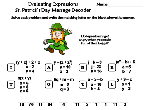 Evaluating Algebraic Expressions St Patrick's Day Math Activity: Message Decoder