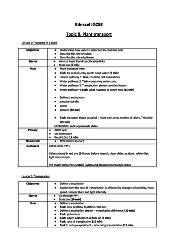 IGCSE Edexcel Biology (9-1) Topic 8: Plant transport