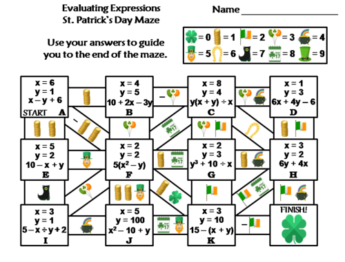 Evaluating Algebraic Expressions Activity: St. Patrick's Day Math Maze