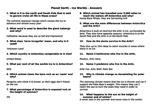 BBC Planet Earth Ice Worlds - Documentary Question & Answers Sheet