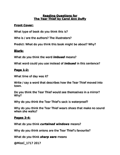 Reading Questions for The Tear Thief by Carol Ann Duffy