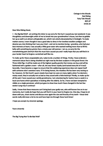 Year 5/6 Apology Letter Example Text (using Little Red Riding Hood and other fairy tale characters)