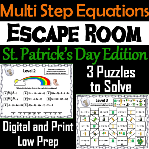 Solving Multi Step Equations Game: Escape Room St. Patrick's Day Math Activity