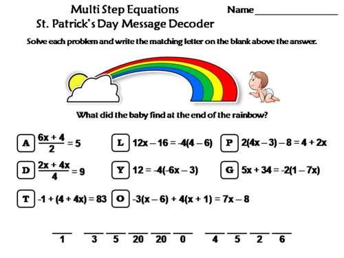 Solving Multi Step Equations St. Patrick's Day Math Activity: Message Decoder