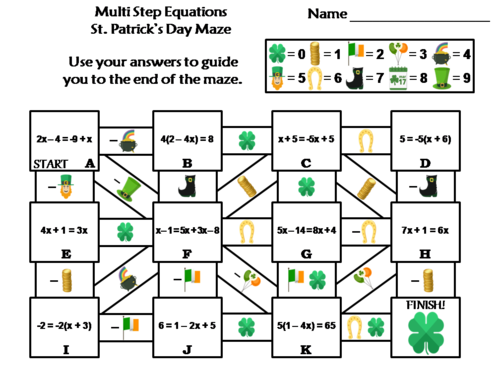 Solving Multi Step Equations Activity: St. Patrick's Day Math Maze