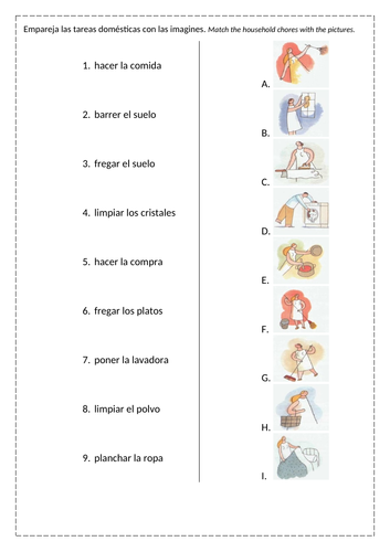 KS3 Spanish vocab household chores worksheet