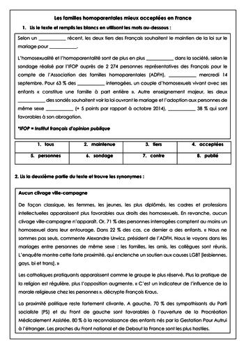 French A Level famille en voie de changement: family & gay parenting  reading & translation
