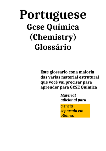 GCSE Chemistry glossary - Portuguese | Teaching Resources