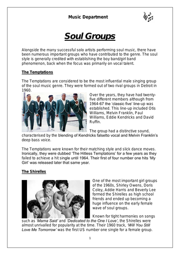 KS3 Music Cover Resource - Soul Groups worksheet