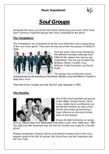 KS3 Music Cover Resource - Soul Groups worksheet (for middle sets)