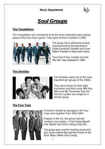 KS3 Music Cover Resource - Soul Groups worksheet (differentiated for lower sets)