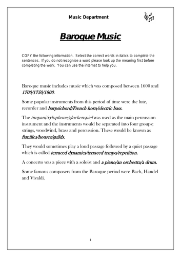 KS3 Music Cover Resource - Baroque Music Worksheet (differentiated for lower sets)