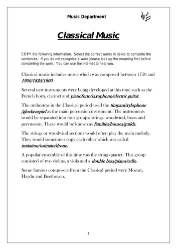 KS3  Music Cover Resource - Classical Music Worksheet (for middle sets)