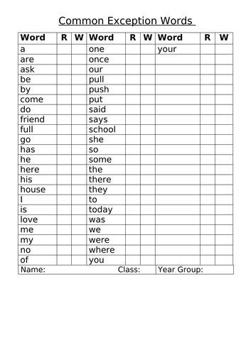 Year 1 Common Exception Words Checklist in alphabetical order